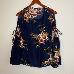 LOVE RICHE Fall Floral Silky Bell Sleeve Blue Top